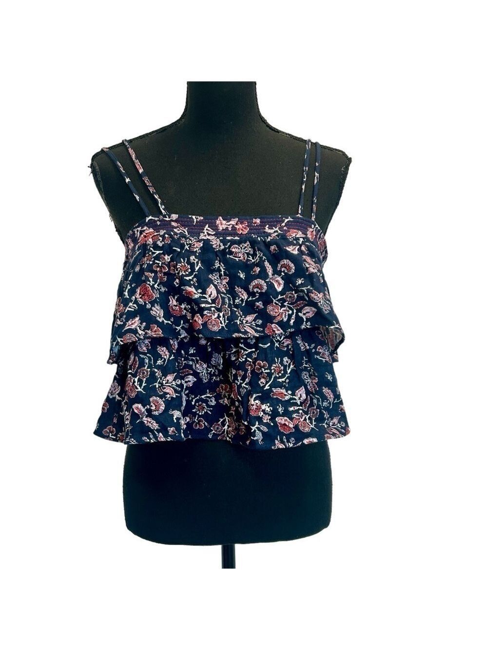 Zara blue red floral flower printed ruffle frill layered spaghetti strap blouse
